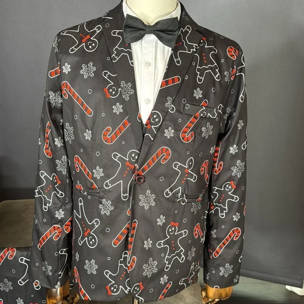 Festive Men’s Black & Red 3 Piece Suit Christmas Themed Size M 36 Jacket 32 Pant